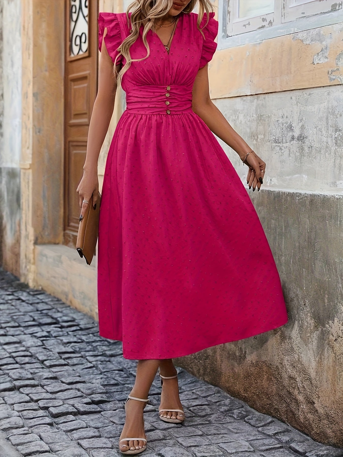 V-Neck Midi Dress – Ruffled Boho Style with Pockets - Lunavitae