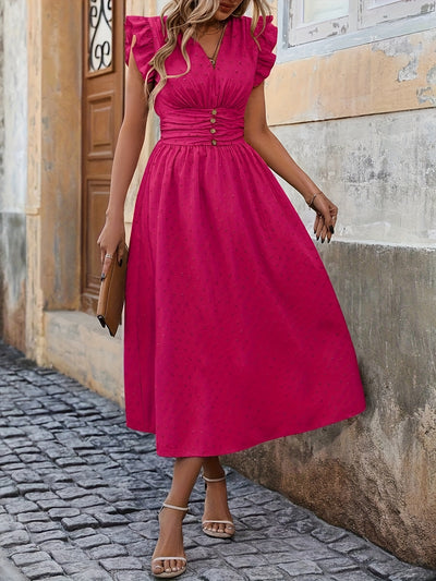V-Neck Midi Dress – Ruffled Boho Style with Pockets - Lunavitae