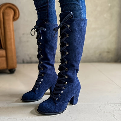 Chunky Heel Knee-High Boots – Lace-Up, Stylish Fit - Lunavitae