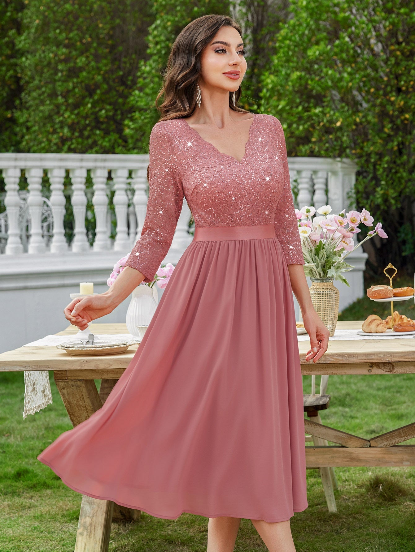Sequin Lace Midi Dress – V-Neck, Tulle Skirt, 3/4 Sleeve - Lunavitae