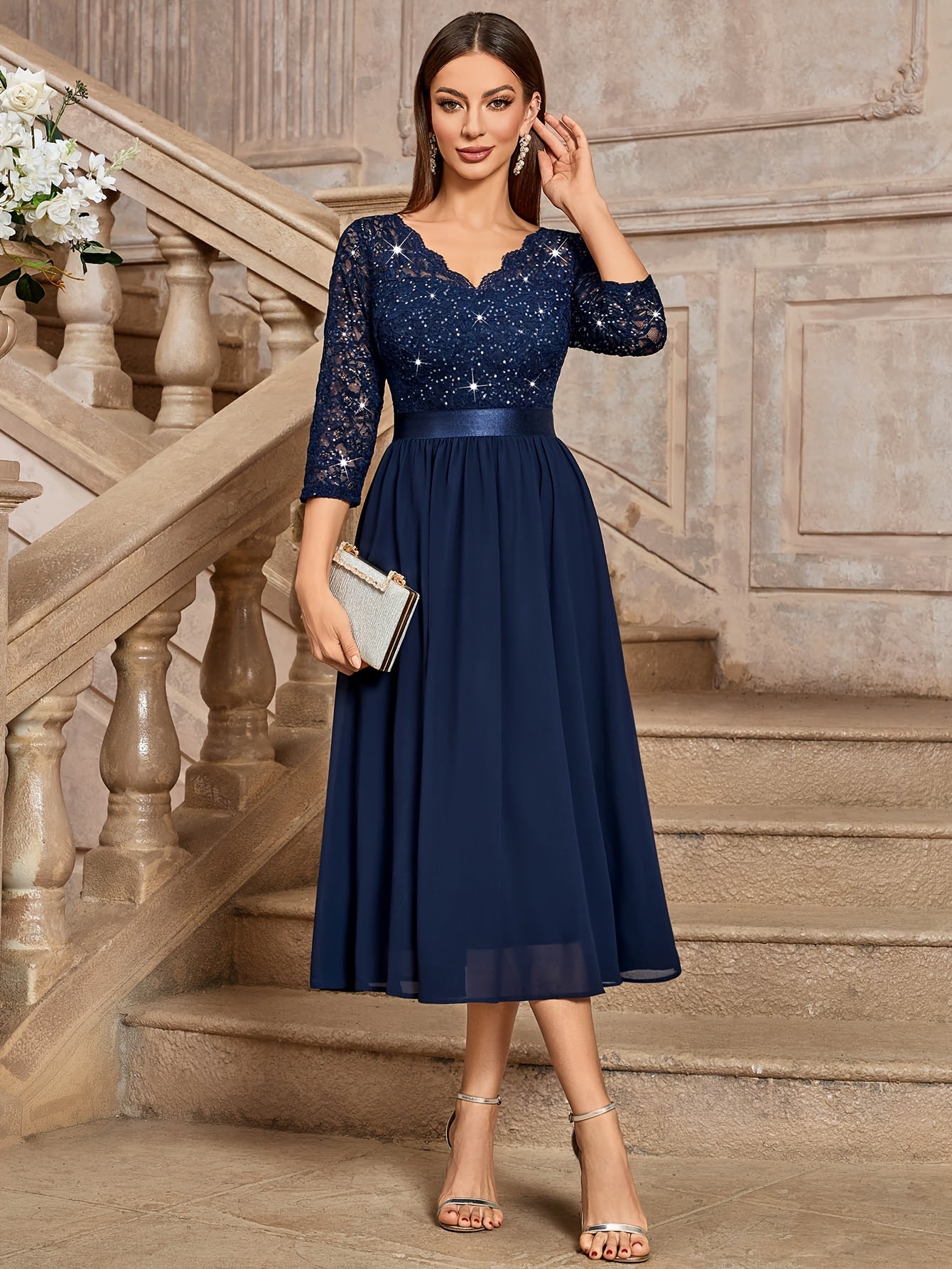 Sequin Lace Midi Dress – V-Neck, Tulle Skirt, 3/4 Sleeve - Lunavitae