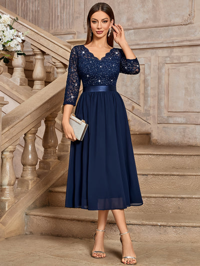 Sequin Lace Midi Dress – V-Neck, Tulle Skirt, 3/4 Sleeve - Lunavitae