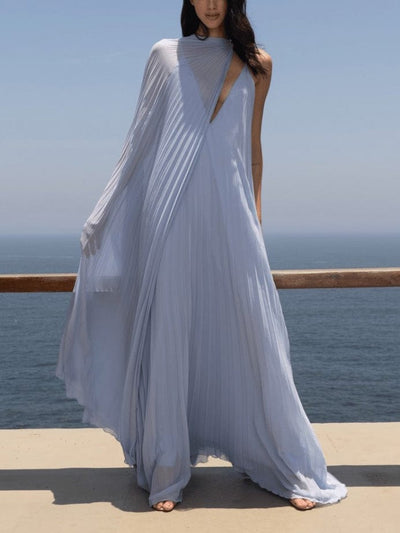 Elegant V-neck Pleated Flowy Maxi Dress - Lunavitae