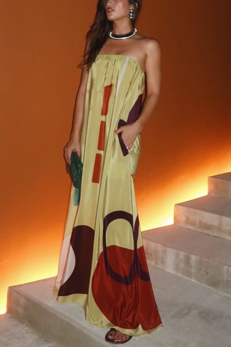Miss Me Satin Unique Printed Off Shoulder Pocketed Loose Maxi Dress - Lunavitae
