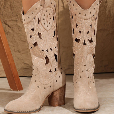 Western Cowboy Boots – Embroidered, Block Heel, Beige - Lunavitae
