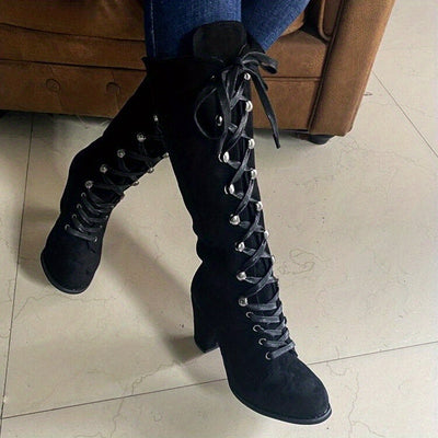 Chunky Heel Lace-Up Boots – Women’s Knee-High Style - Lunavitae