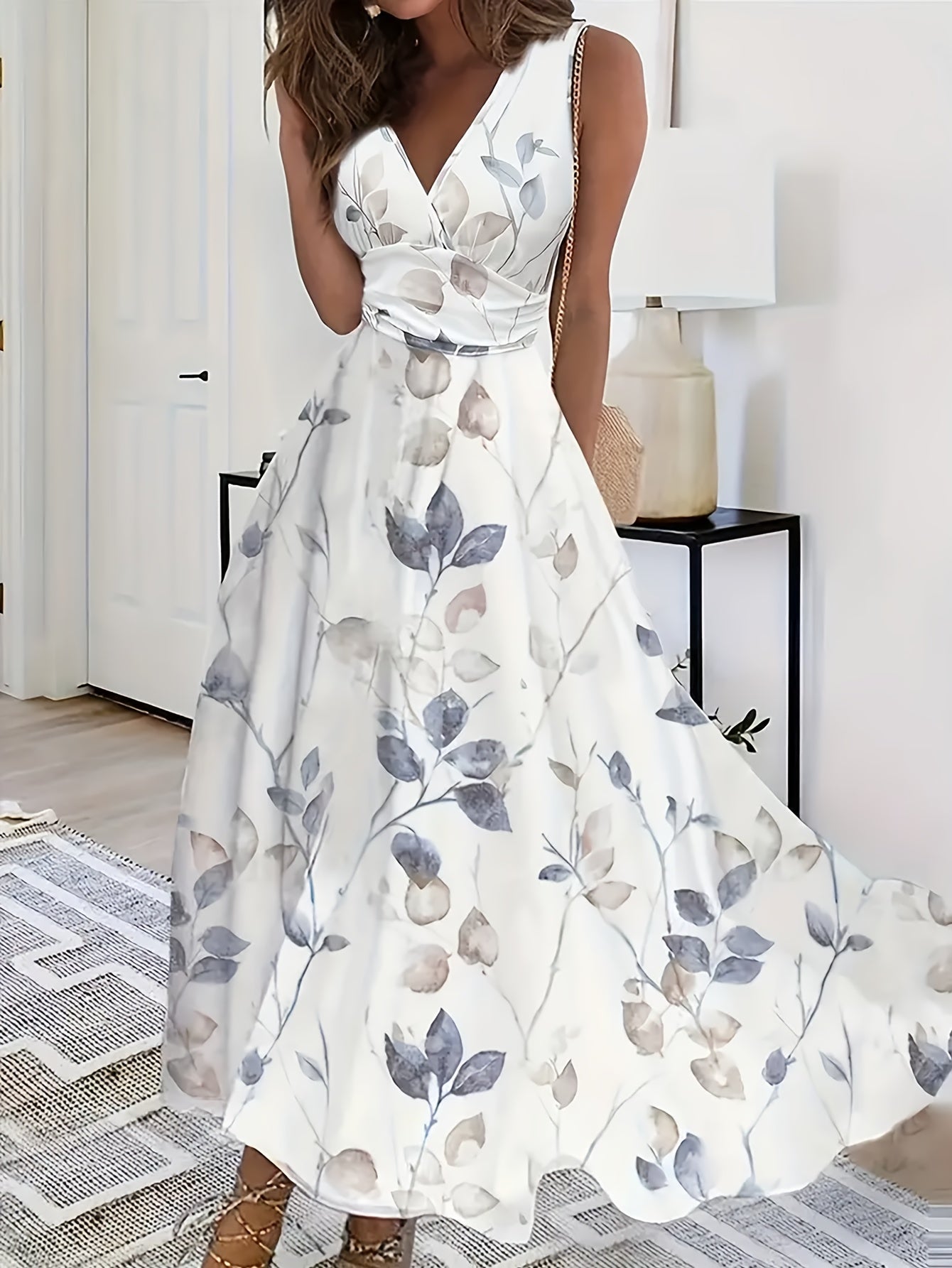 Floral V-Neck Midi Dress – Sleeveless, Flowy Skirt - Lunavitae