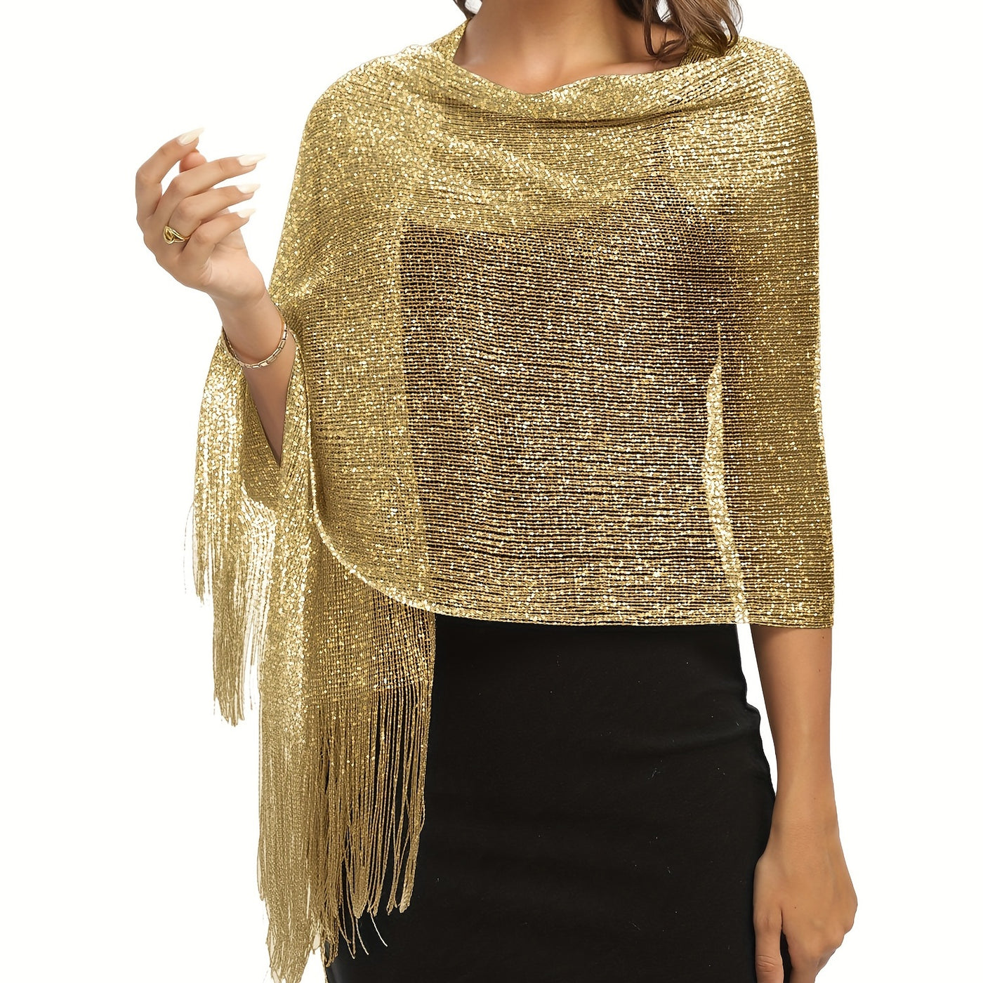 Sparkling Metallic Shawl – Tassel Wrap with Buckle - Lunavitae
