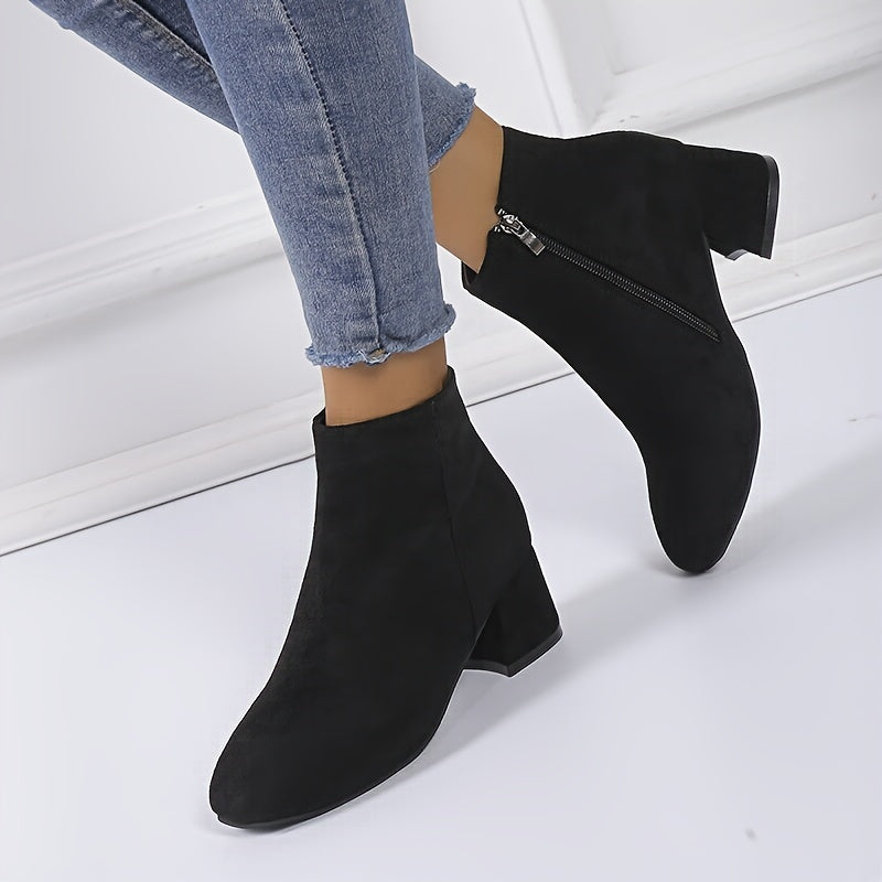 Women's Solid Color Block Heeled Ankle Boots - Side Zipper Short Boots - Lunavitae