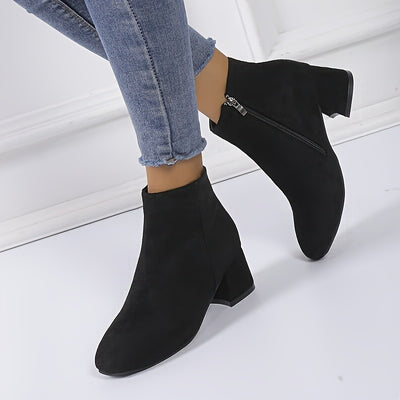 Women's Solid Color Block Heeled Ankle Boots - Side Zipper Short Boots - Lunavitae