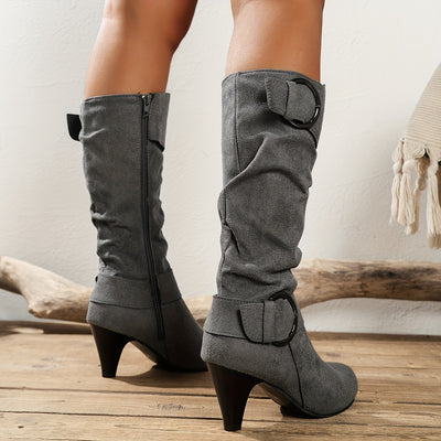 Fabric Knee-High Boots – Pointed Toe, Cone Heel - Lunavitae
