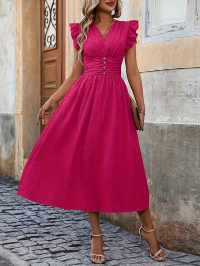 V-Neck Midi Dress – Ruffled Boho Style with Pockets - Lunavitae