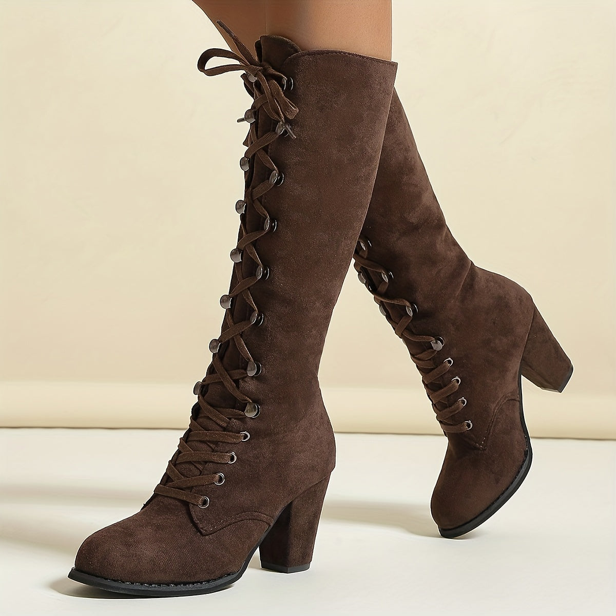 Chunky Heel Lace-Up Boots – Women’s Knee-High Style - Lunavitae