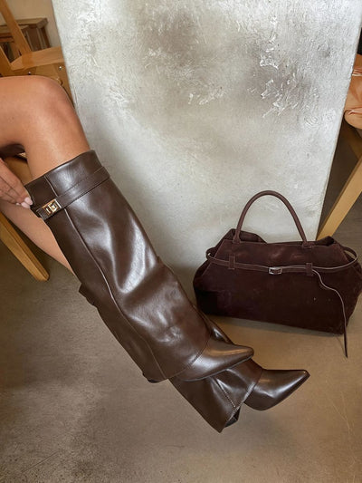 Skirted Fold Over Buckle Pointed Toe High Boots