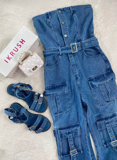 Multi Pockets Strapless Cargo Jumpsuit - Lunavitae