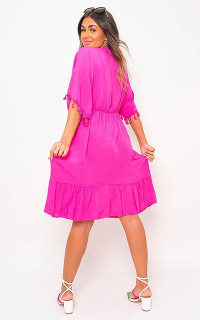 V-Neck Short Sleeve Midi Dress with Tassel Detail - Lunavitae